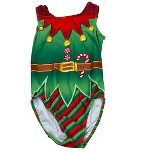 Destira Elf Print Gymnastics Leotard L Made In USA 82% Nylon 18% Spandex Christm